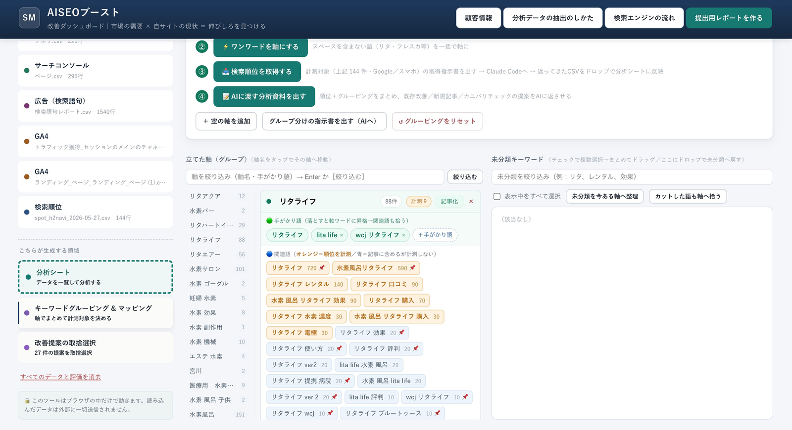 AISEOブースト：関連キーワードを軸ごとにまとめ、計測対象を決める分析画面